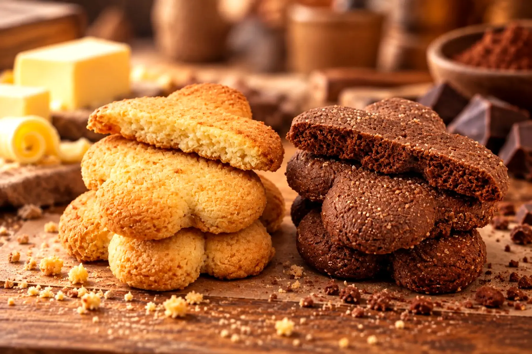 Koleff Chocolatier butter and cocoa flower-shaped biscuits stacked on a wooden table with butter and cocoa powder