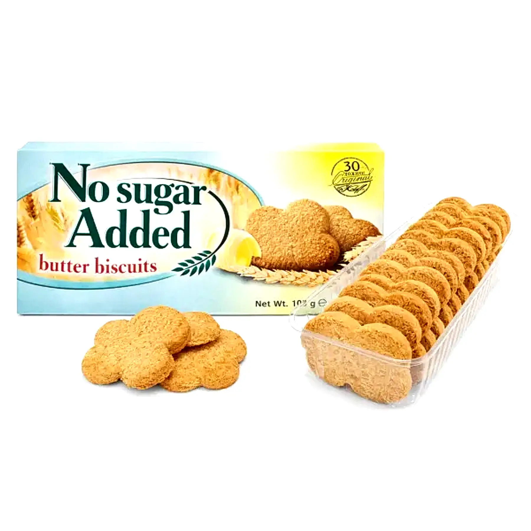 Koleff Chocolatier no sugar added butter biscuits packaging with flower-shaped biscuits