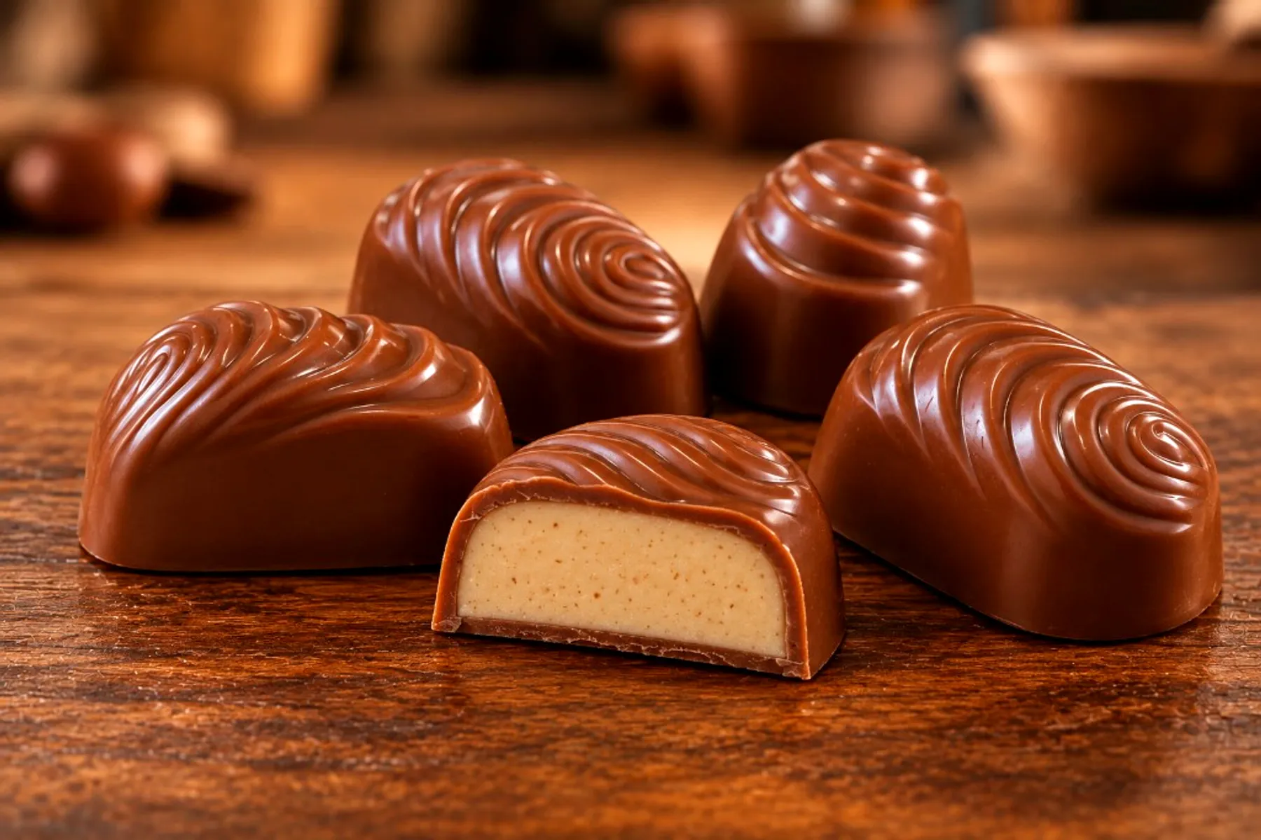 Млечни шоколадови пралини Koleff Chocolatier със спираловиден релеф, една разрязана с кремов пълнеж