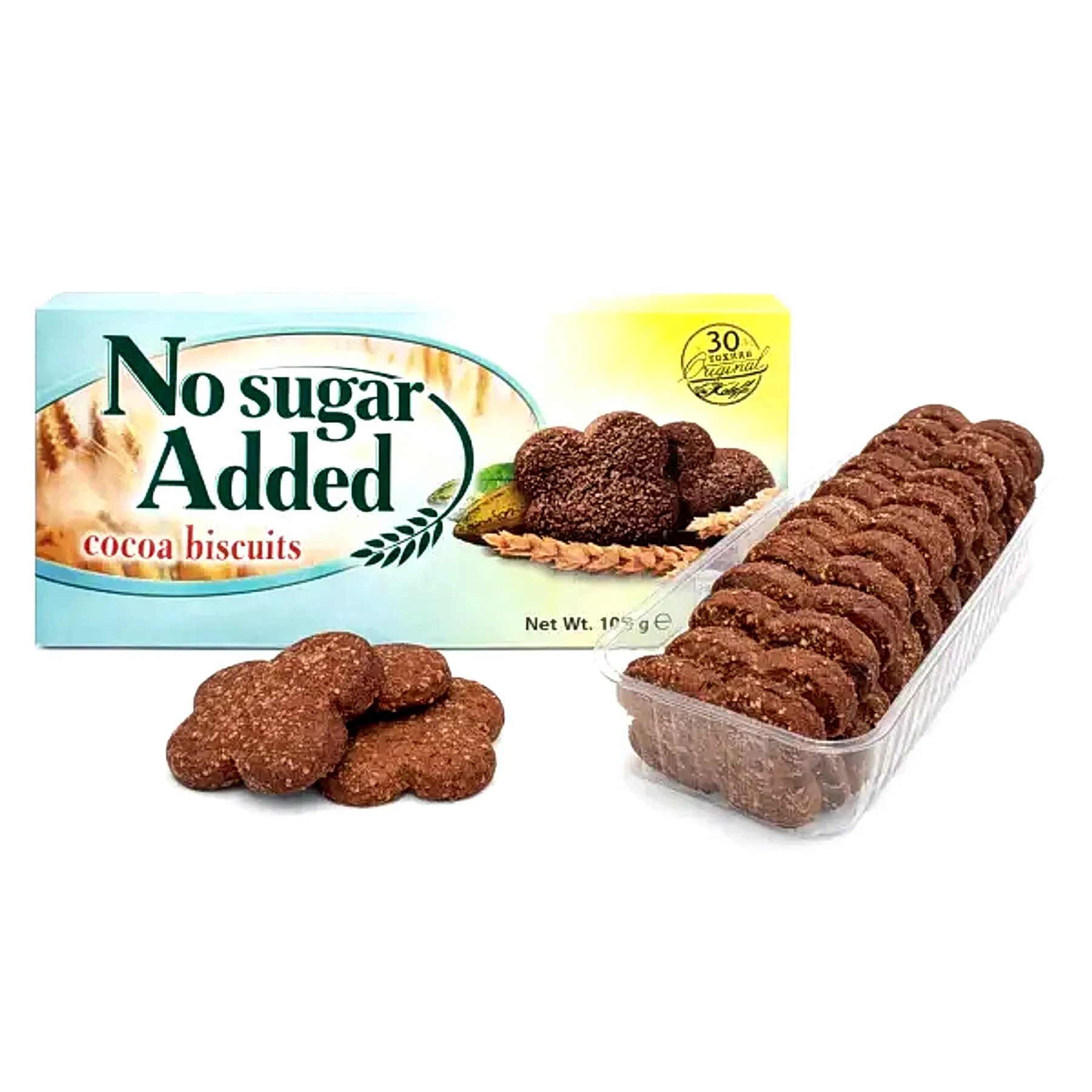 Koleff Chocolatier no sugar added cocoa biscuits packaging with flower-shaped cocoa biscuits