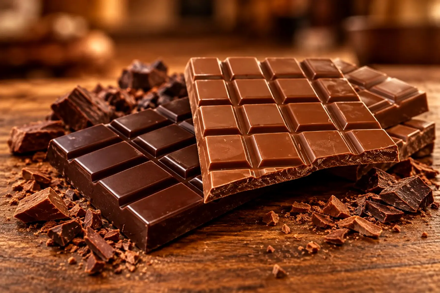 Koleff Chocolatier milk and dark chocolate bars with broken chocolate pieces on a wooden surface