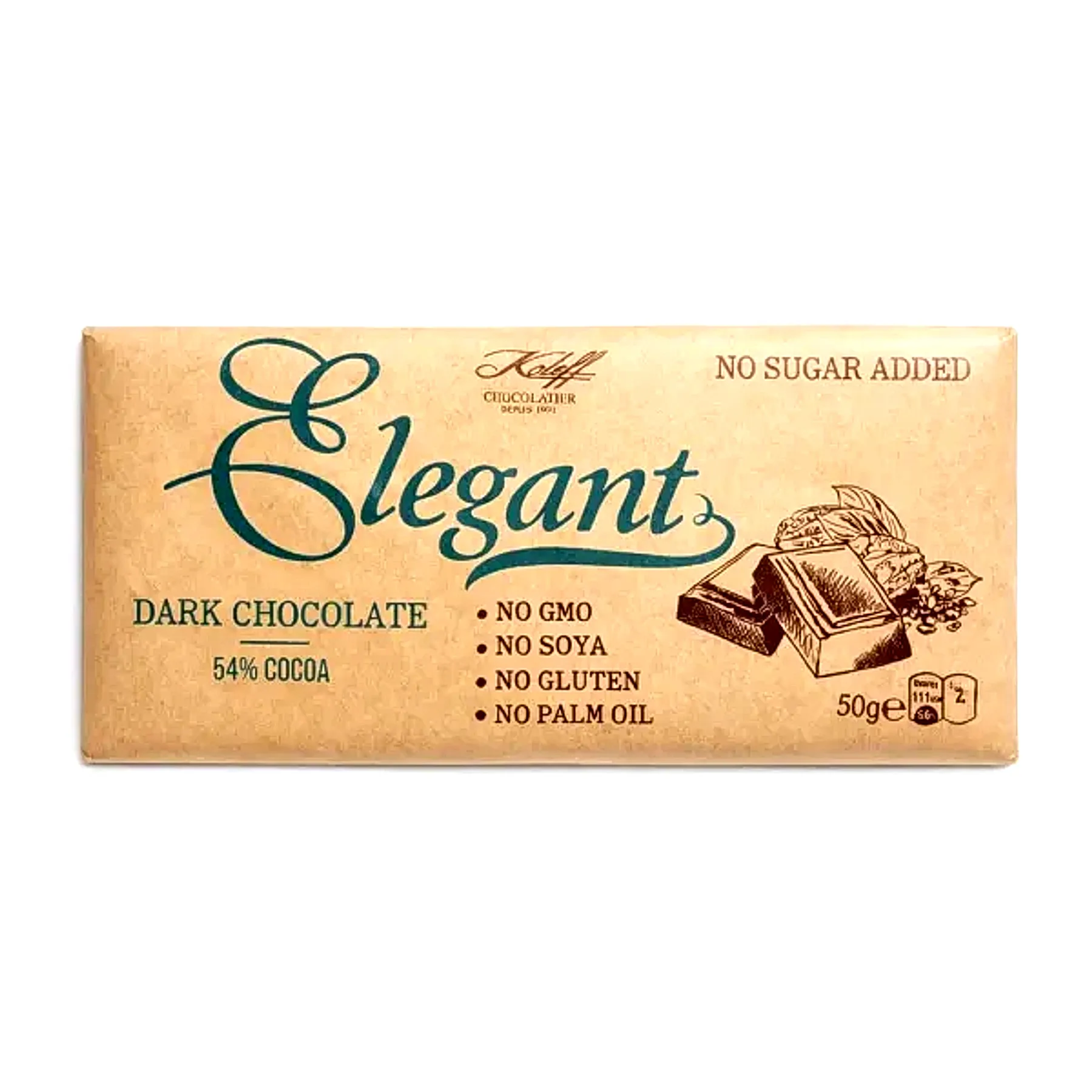 Опаковка Elegant тъмен шоколад Koleff Chocolatier 54% какао - без добавена захар, 50 g