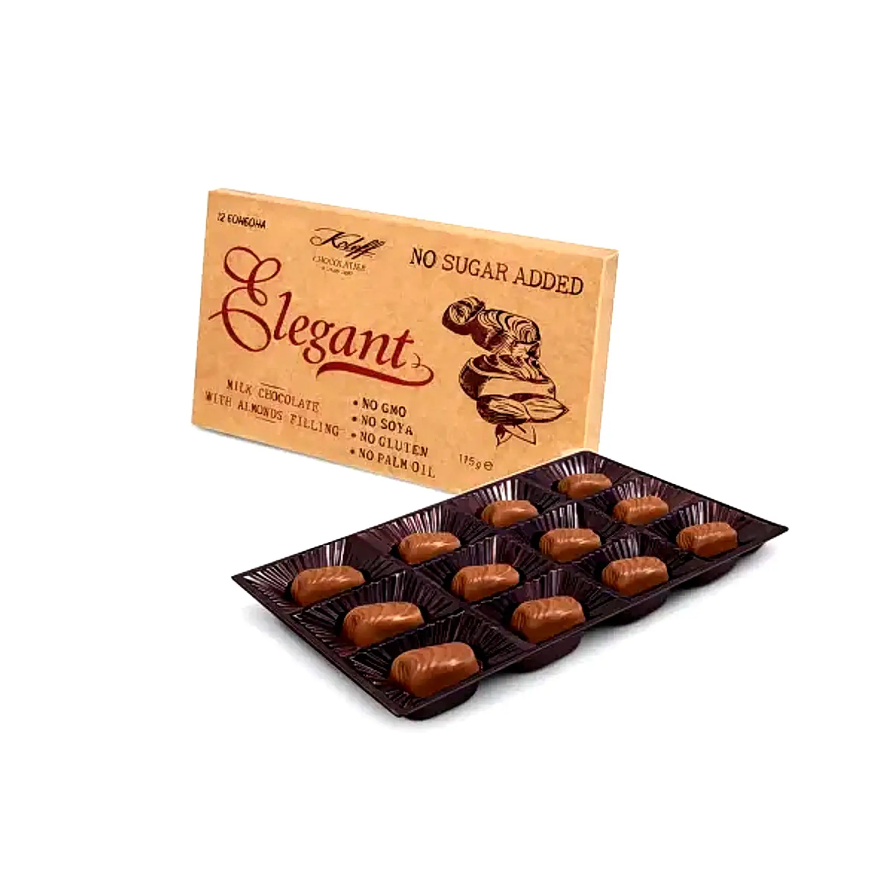 Опаковка Elegant млечен шоколад с бадемов пълнеж без добавена захар Koleff Chocolatier - 12 бонбона