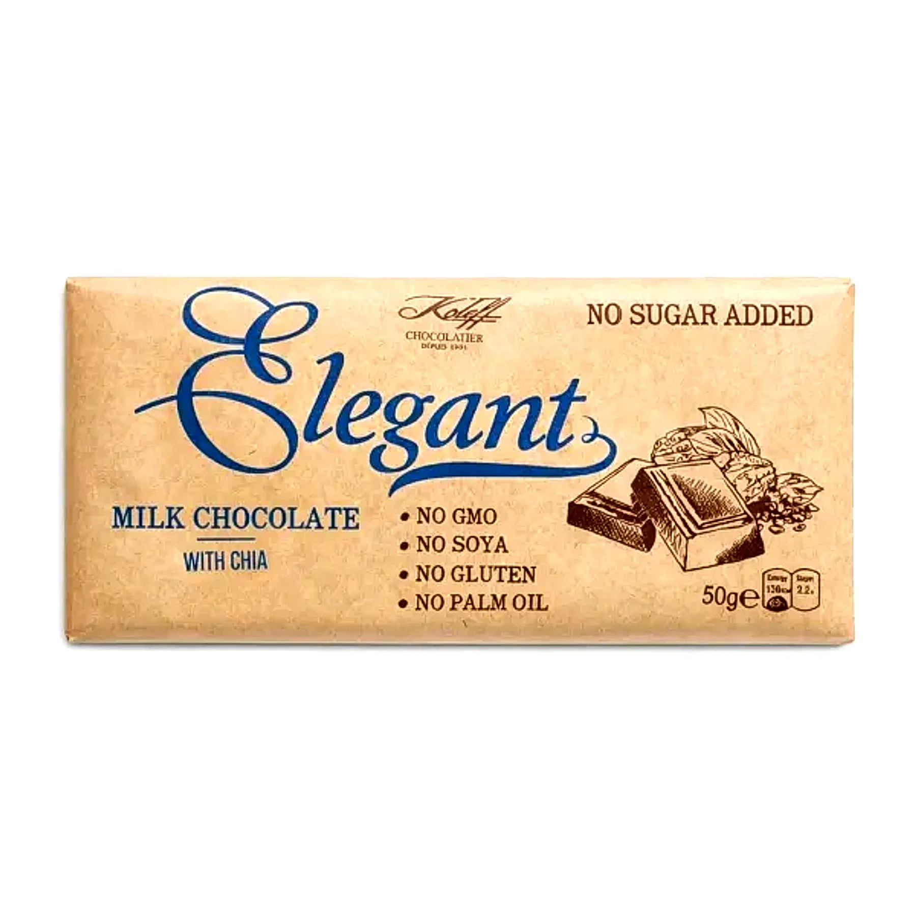 Koleff Chocolatier Elegant milk chocolate with chia seeds packaging - no sugar added, 50 g