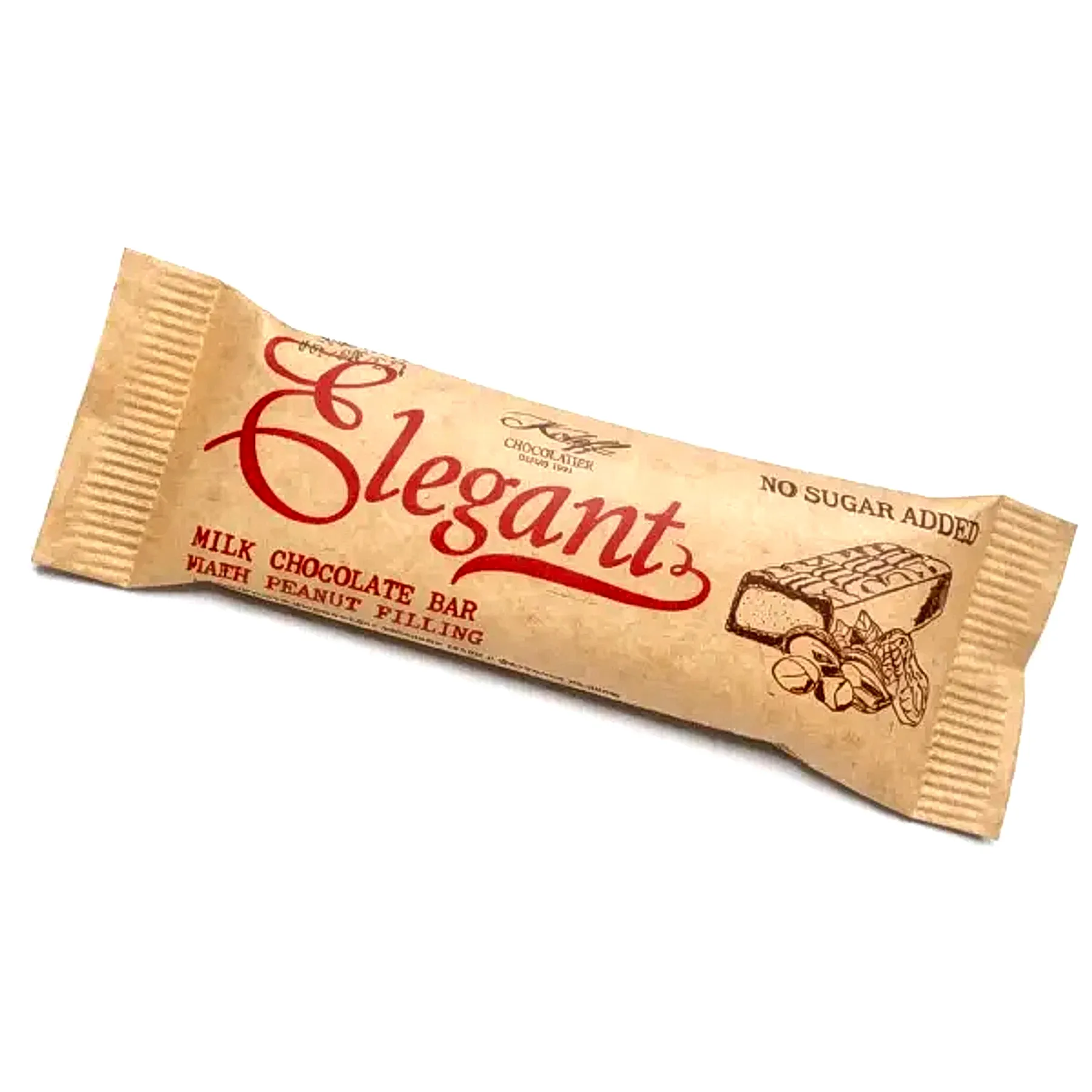 Koleff Chocolatier Elegant milk chocolate bar with peanut filling packaging - no sugar added