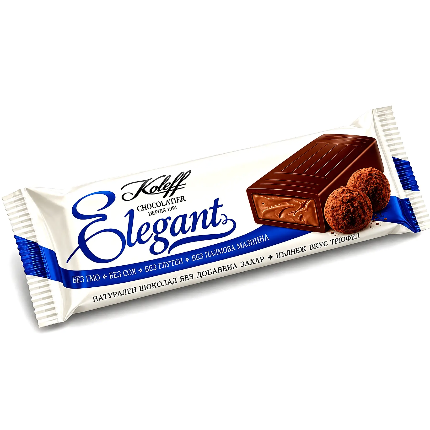 Опаковка Elegant тъмен шоколад Koleff Chocolatier с пълнеж вкус трюфел - без добавена захар, 50 g