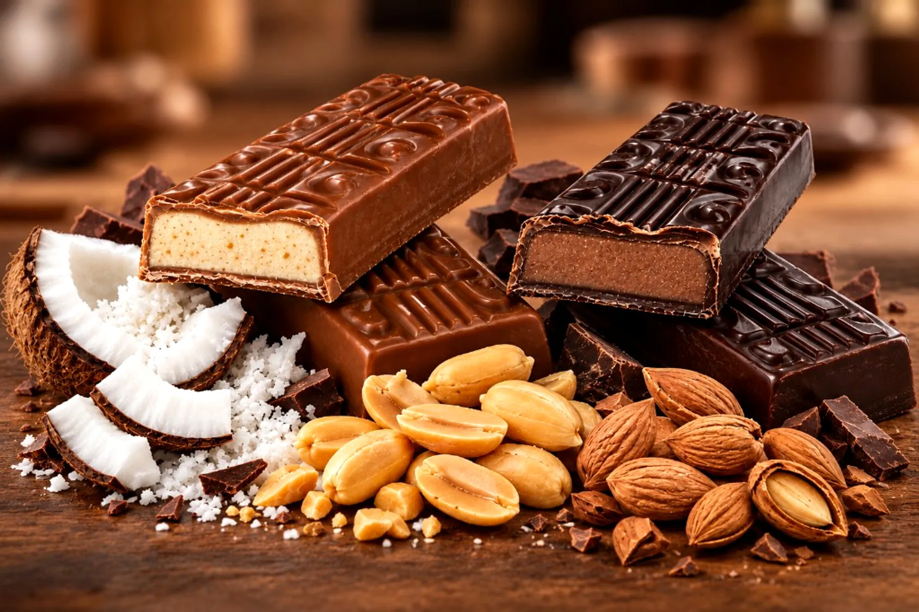 Шоколади с пълнеж Koleff Chocolatier - млечни и тъмни блокчета с кокос, фъстъци и бадеми