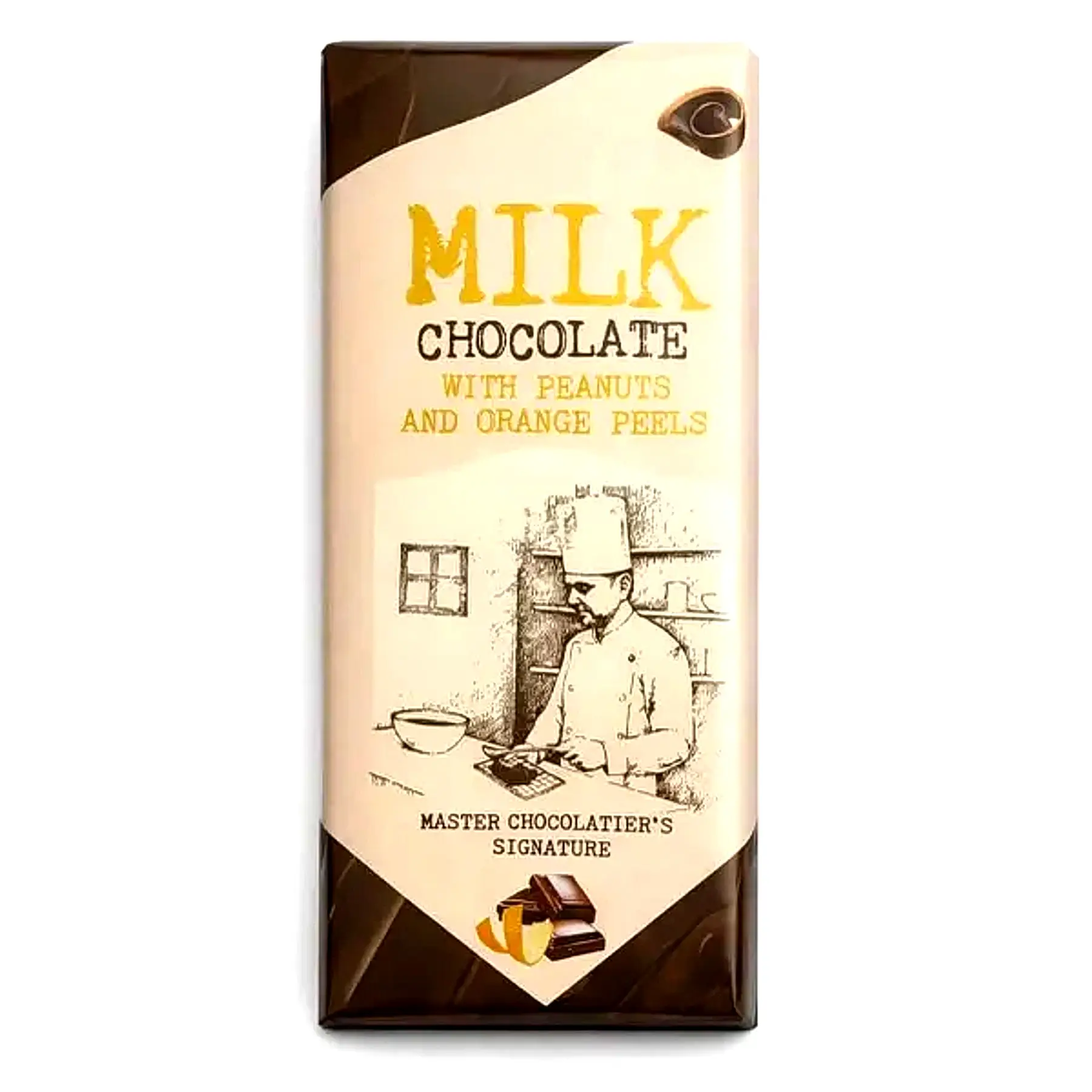 Опаковка на фин млечен шоколад Koleff Chocolatier с фъстъци и портокалови корички