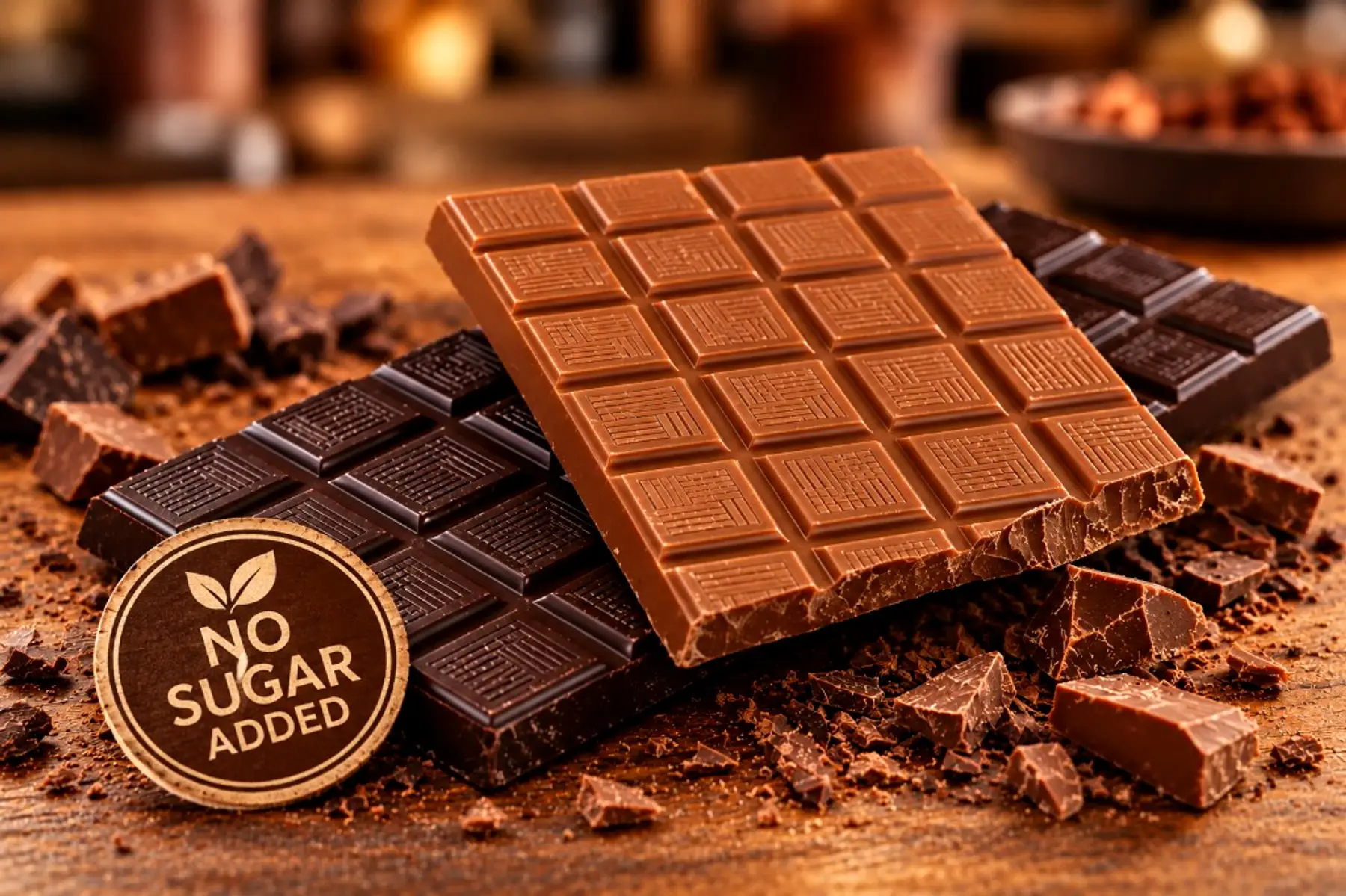 Koleff Chocolatier milk and dark chocolate bars with a No Sugar Added seal on a wooden surface